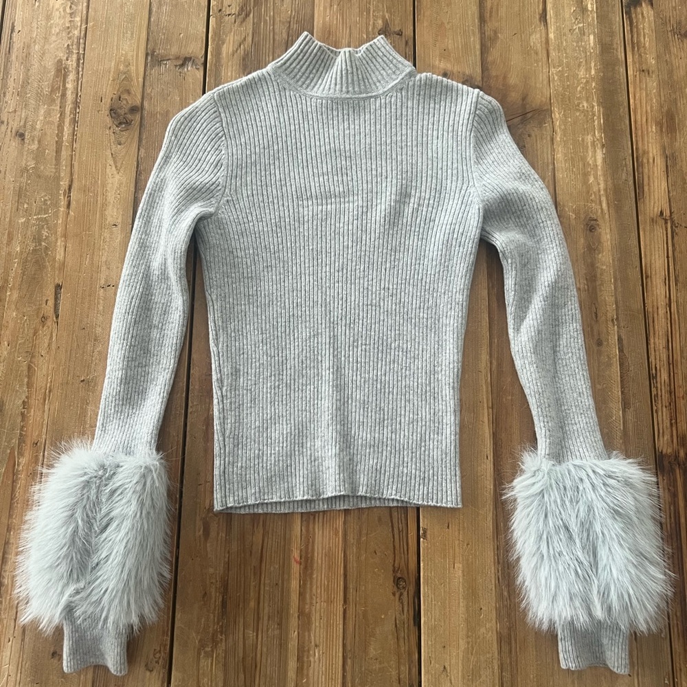 Ramy Brook Gray Sweater with Faux Fur Cuffs